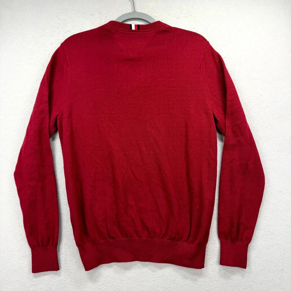 Tommy Hilfiger Sweater Mens Small Red‎ Iconic Flag Logo Ribbed Cuffed Hem V-Neck
